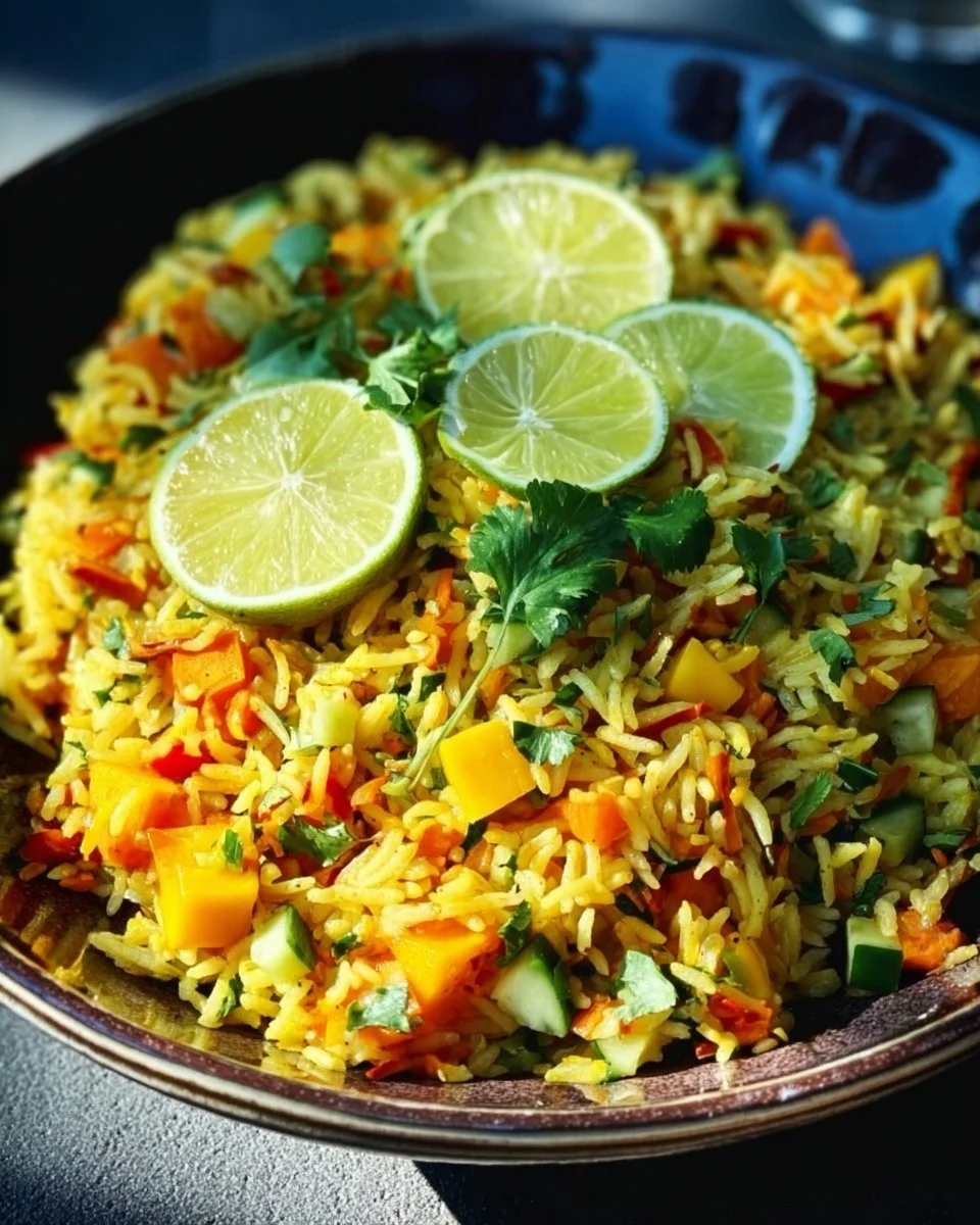 Indisch gewürzter Reis Salat mit Mango, verfeinert mit exotischen Gewürzen