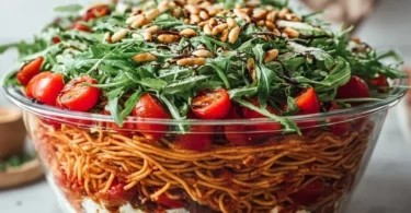 Italienischer Spaghetti-Schichtsalat mit buntem Gemüse und frischen Kräutern.