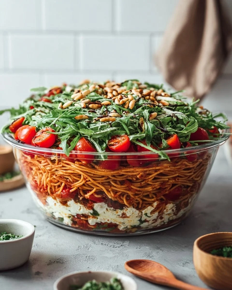 Italienischer Spaghetti-Schichtsalat mit buntem Gemüse und frischen Kräutern.