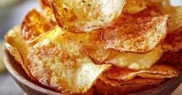 Köstliche Kartoffelchips aus der Heißluftfritteuse auf einem Teller.