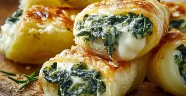 Kartoffeltaschen gefüllt mit Spinat und Frischkäse auf einem Teller