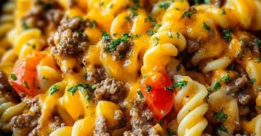 Leckerer Käseburger-Auflauf mit Käse und Zutaten, frisch aus dem Ofen.