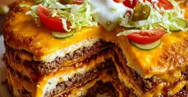 Leckere Käseburger-Torte mit saftigen Zutaten und buntem Belag