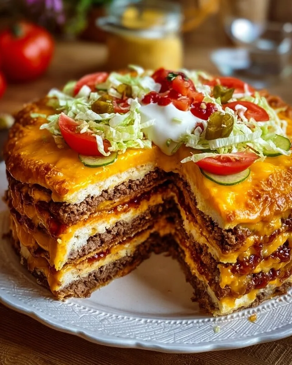 Leckere Käseburger-Torte mit saftigen Zutaten und buntem Belag