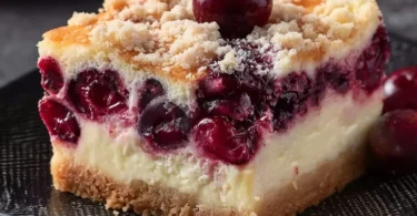 Käsekuchen mit Kirschen und Streuseln auf einem Teller
