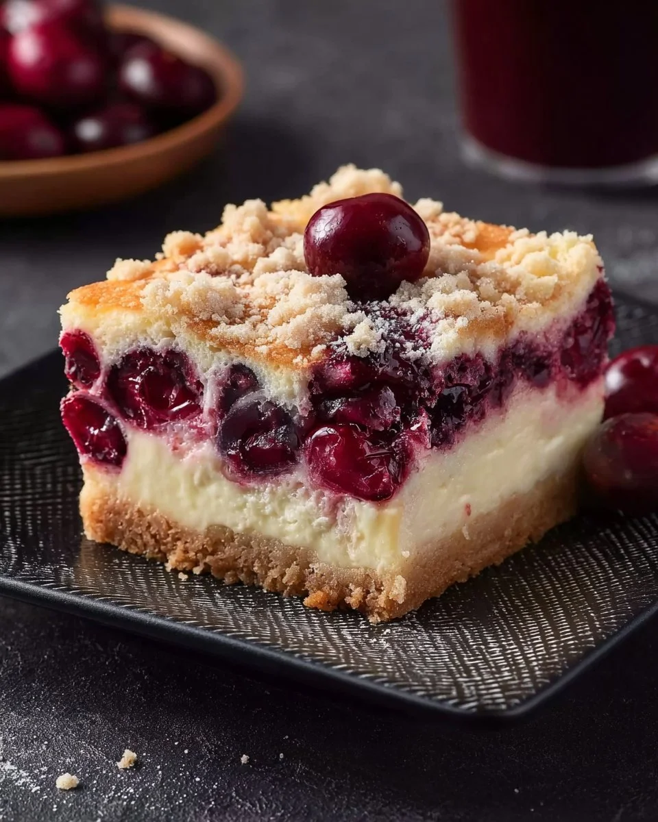 Käsekuchen mit Kirschen und Streuseln auf einem Teller
