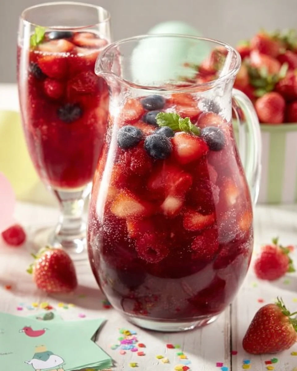 Bunte Kinderbowle ohne Alkohol in einer großen Schüssel mit frischen Früchten