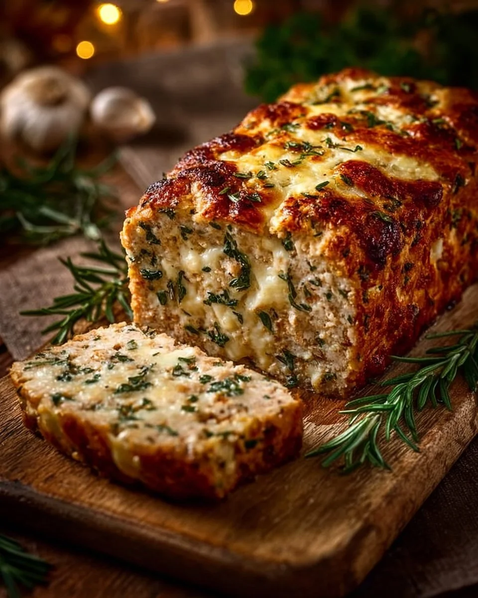 Knoblauch Parmesan Hähnchen Hackbraten auf einem Teller serviert
