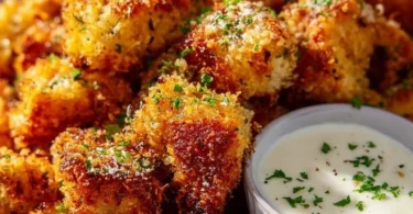 Knusprige Airfryer-Knoblauch-Parmesan-Hähnchenbites auf einem Teller serviert