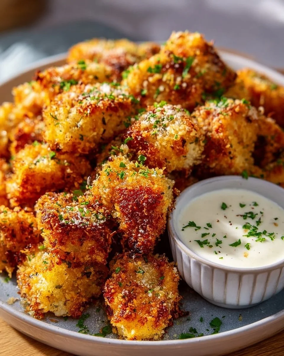 Knusprige Airfryer-Knoblauch-Parmesan-Hähnchenbites auf einem Teller serviert