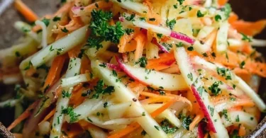 Kohlrabi Karotten Apfel Salat in einer Schüssel angerichtet