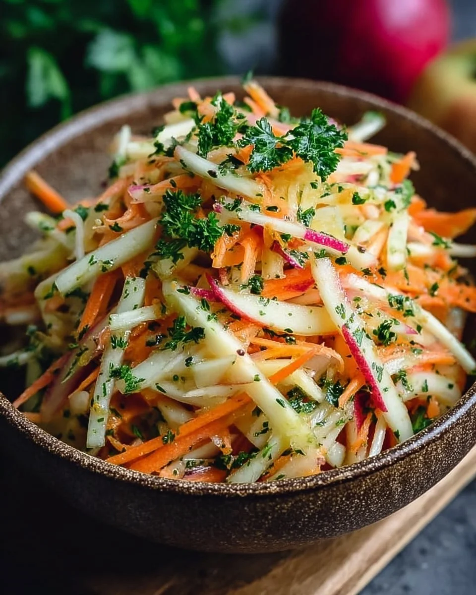 Kohlrabi Karotten Apfel Salat in einer Schüssel angerichtet