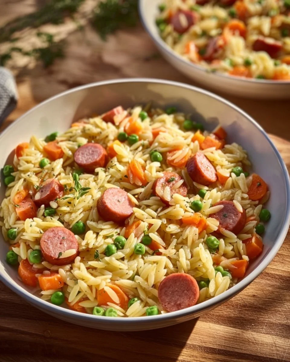 Kritharaki mit Würstchen, ein köstliches Gericht aus Pasta und Würstchen.