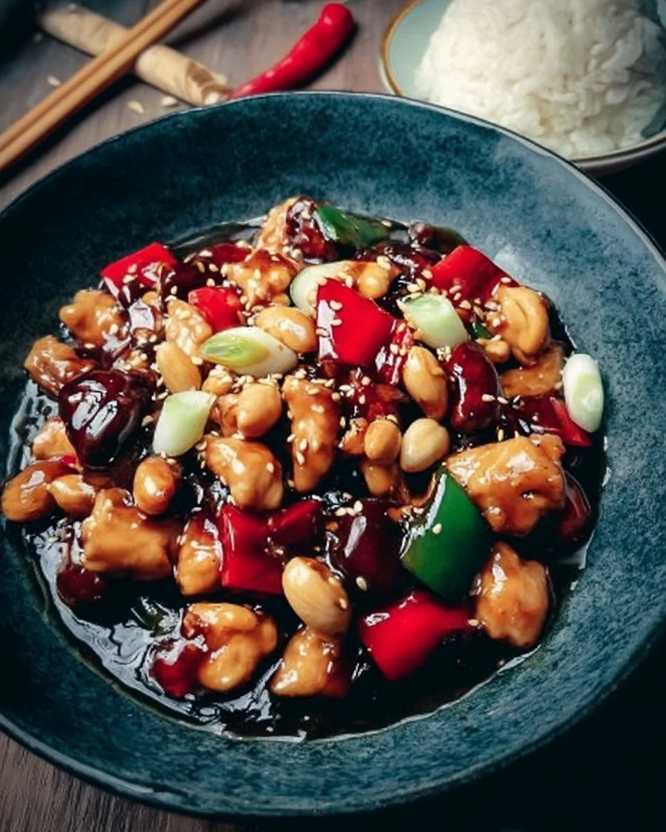 Köstliches Kung-Pao-Hühnchen mit Erdnüssen und Gemüse auf einem Teller