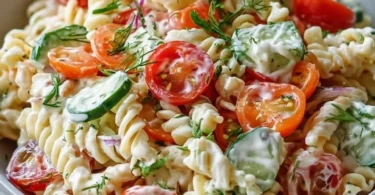 Leichter Nudelsalat mit Joghurt-Dressing auf einem Teller serviert.