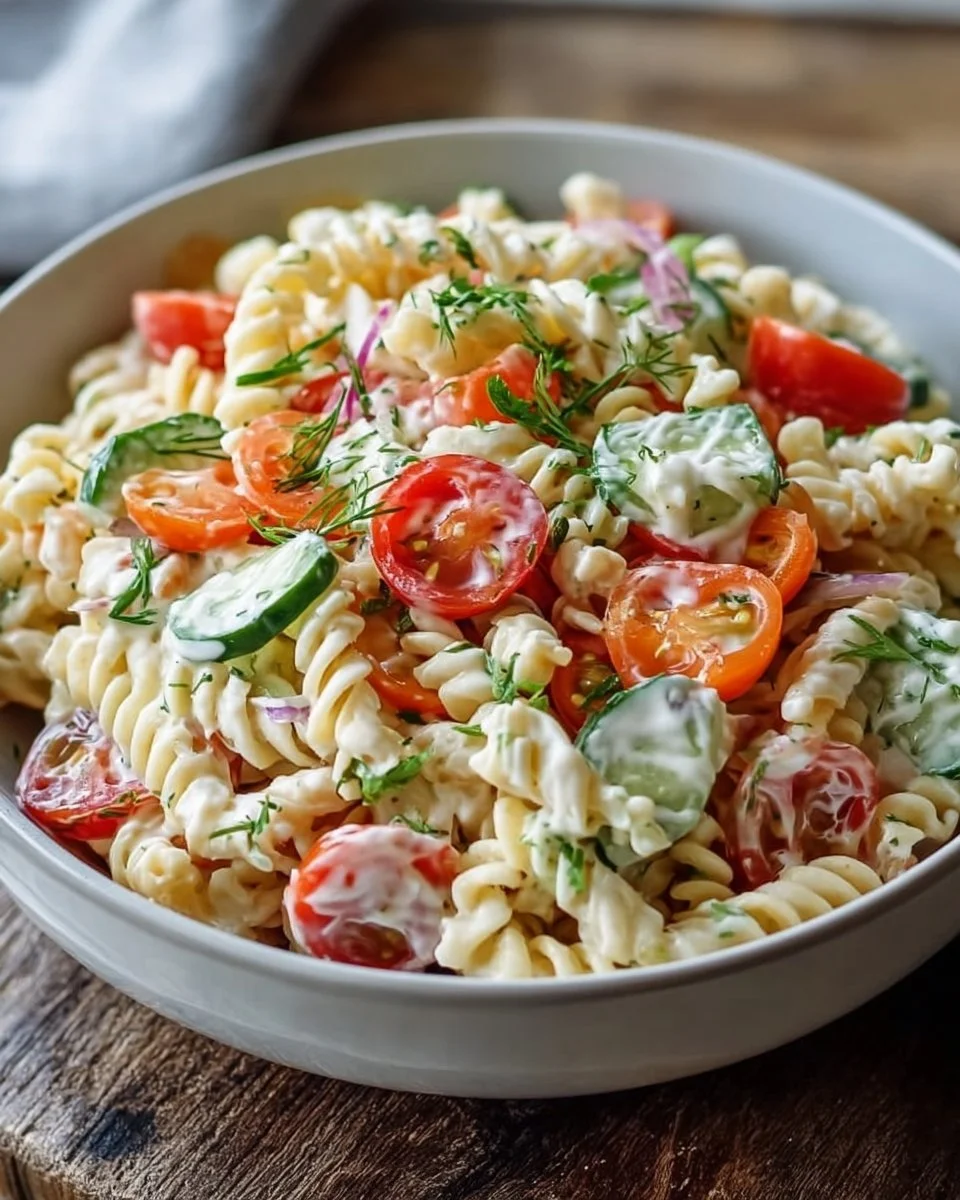 Leichter Nudelsalat mit Joghurt-Dressing auf einem Teller serviert.