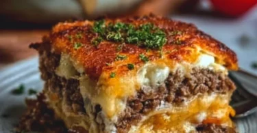 Low-Carb-Cheeseburger-Auflauf mit Käse und frischen Zutaten