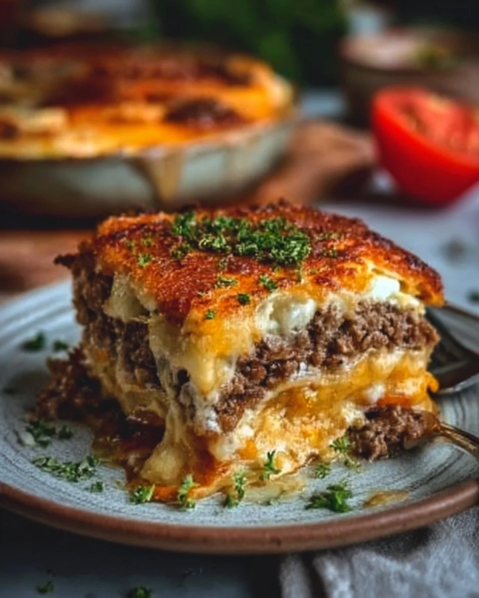 Low-Carb-Cheeseburger-Auflauf mit Käse und frischen Zutaten