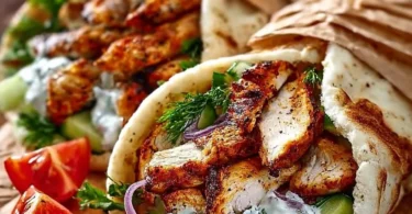 Mediterranean Chicken Gyros mit Feta Tzatziki auf einem Teller