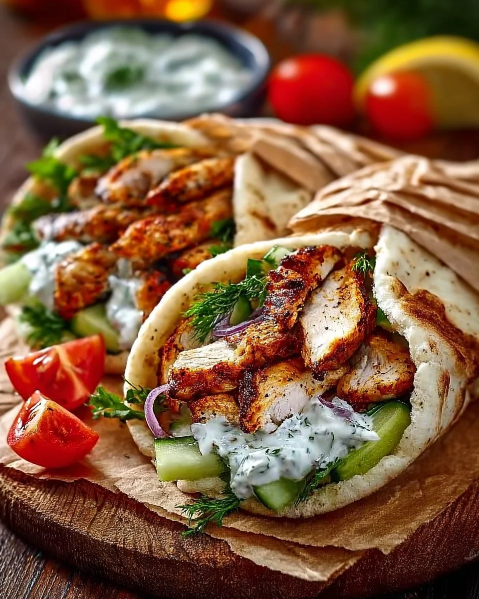 Mediterranean Chicken Gyros mit Feta Tzatziki auf einem Teller