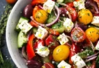 Mediterraner Salat für BBQ-Abende mit frischem Gemüse und Kräutern