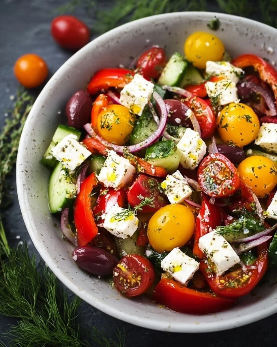 Mediterraner Salat für BBQ-Abende mit frischem Gemüse und Kräutern