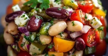 Leckerer mediterraner Bohnensalat mit frischem Gemüse und Kräutern