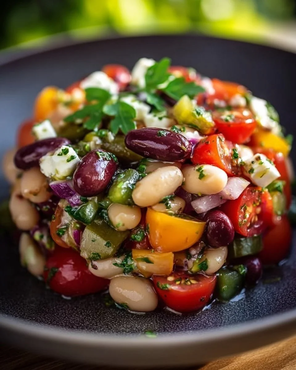 Leckerer mediterraner Bohnensalat mit frischem Gemüse und Kräutern
