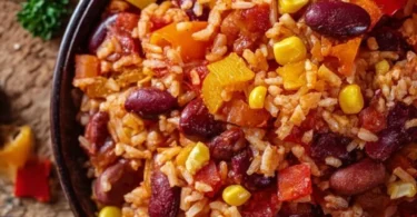 One-Pan Rice mit Paprika, Bohnen und Mais - einfach und lecker.