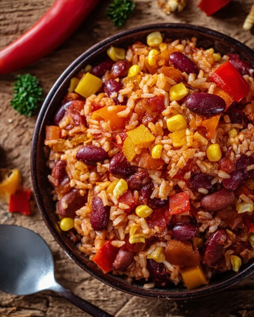 One-Pan Rice mit Paprika, Bohnen und Mais - einfach und lecker.