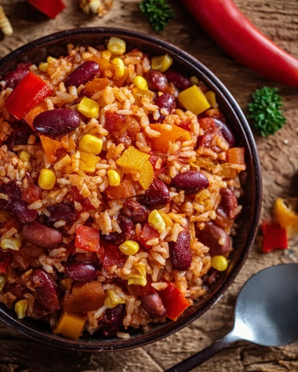 One-Pan Rice with Peppers, Beans, and Corn
