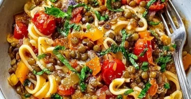 Ein Teller One-Pot-Pasta mit Linsen, frisch zubereitet und angerichtet, lecker und nährstoffreich.