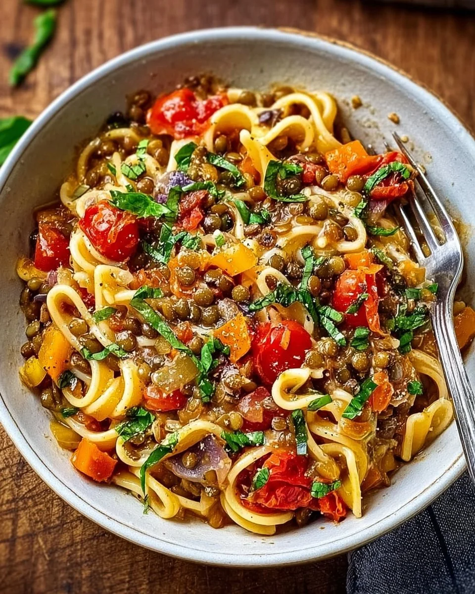 Ein Teller One-Pot-Pasta mit Linsen, frisch zubereitet und angerichtet, lecker und nährstoffreich.