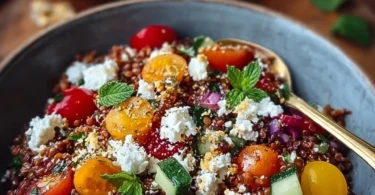 Orientalischer Rote Linsensalat mit Feta und frischem Gemüse