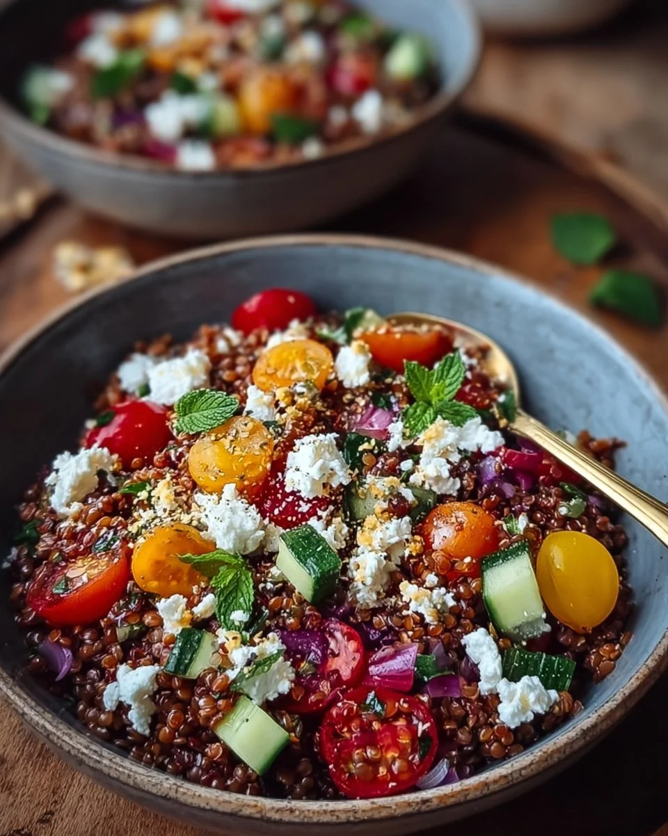 Orientalischer Rote Linsensalat mit Feta und frischem Gemüse