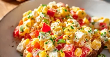 Paprika-Mais-Salat mit Feta und Joghurt auf einem Teller
