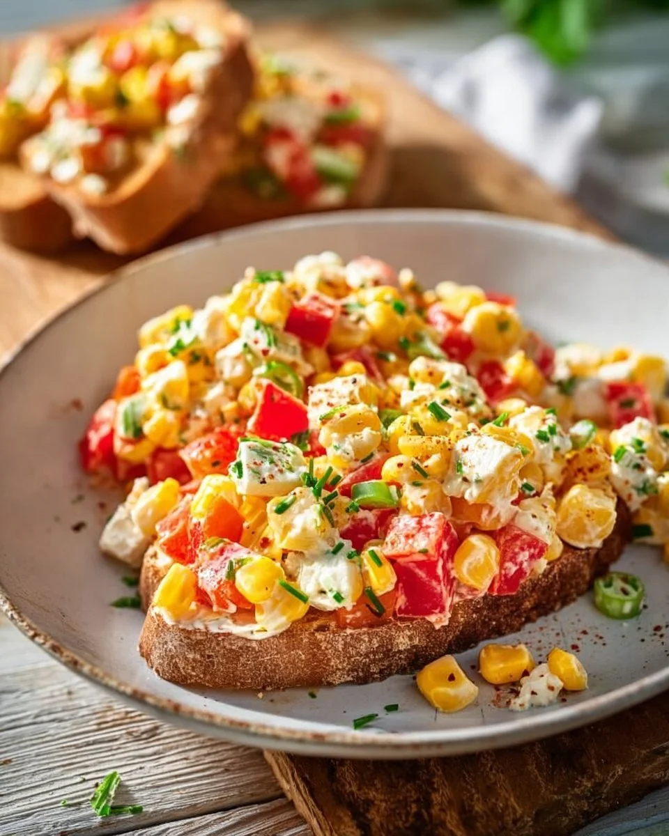 Paprika-Mais-Salat mit Feta und Joghurt auf einem Teller