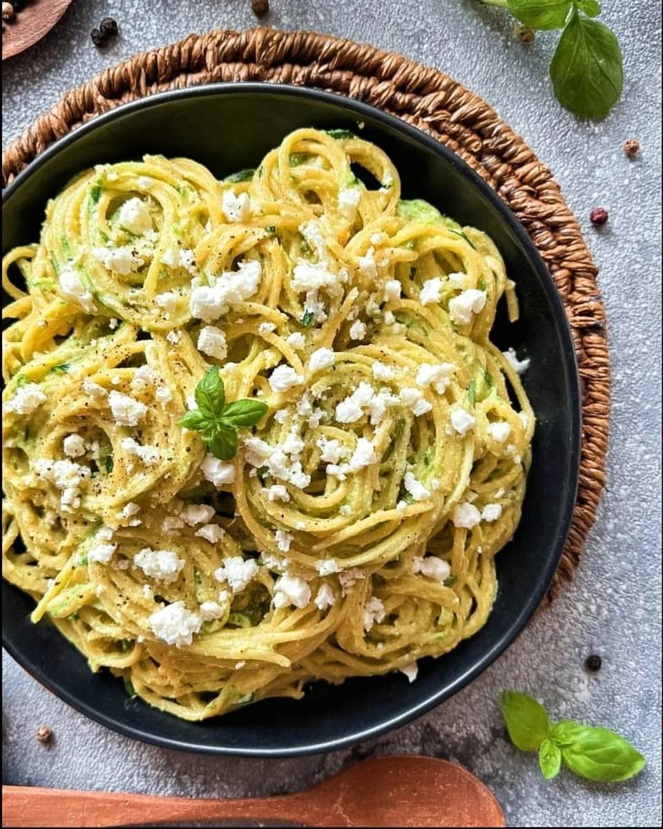 Leckere Pasta serviert mit Zucchini-Sauce in einer Schüssel