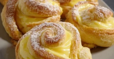 Leckere Puddingschnecken auf einem Teller, frisch gebacken und verzehrfertig.