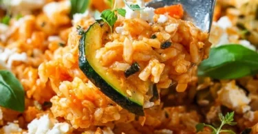 Bunte Reispfanne mit Zucchini und Feta auf einem Teller serviert