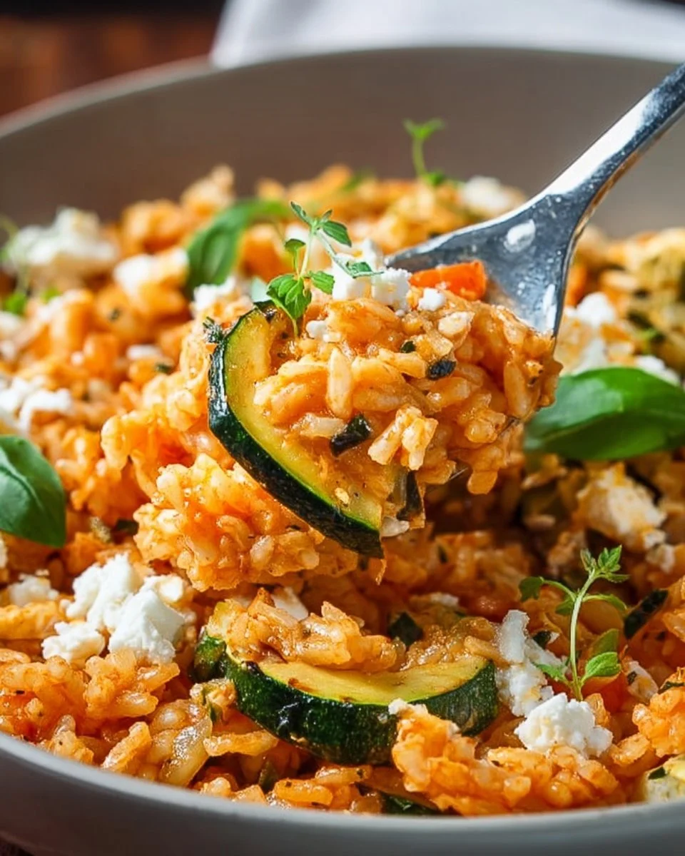 Bunte Reispfanne mit Zucchini und Feta auf einem Teller serviert