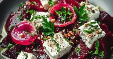 Rote-Bete-Salat mit Feta-Käse auf einem Teller für eine gesunde Mahlzeit