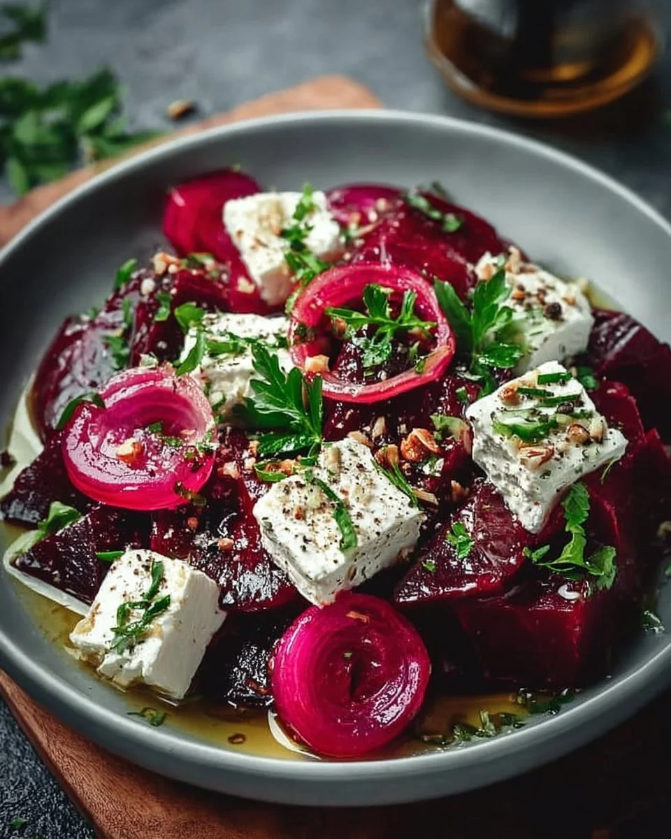 Rote-Bete-Salat mit Feta-Käse auf einem Teller für eine gesunde Mahlzeit