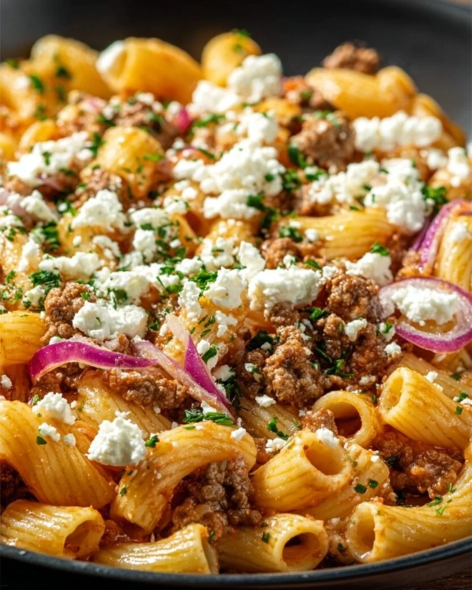Schnelle Nudel-Hackfleisch-Pfanne mit Feta in einer Pfanne angerichtet
