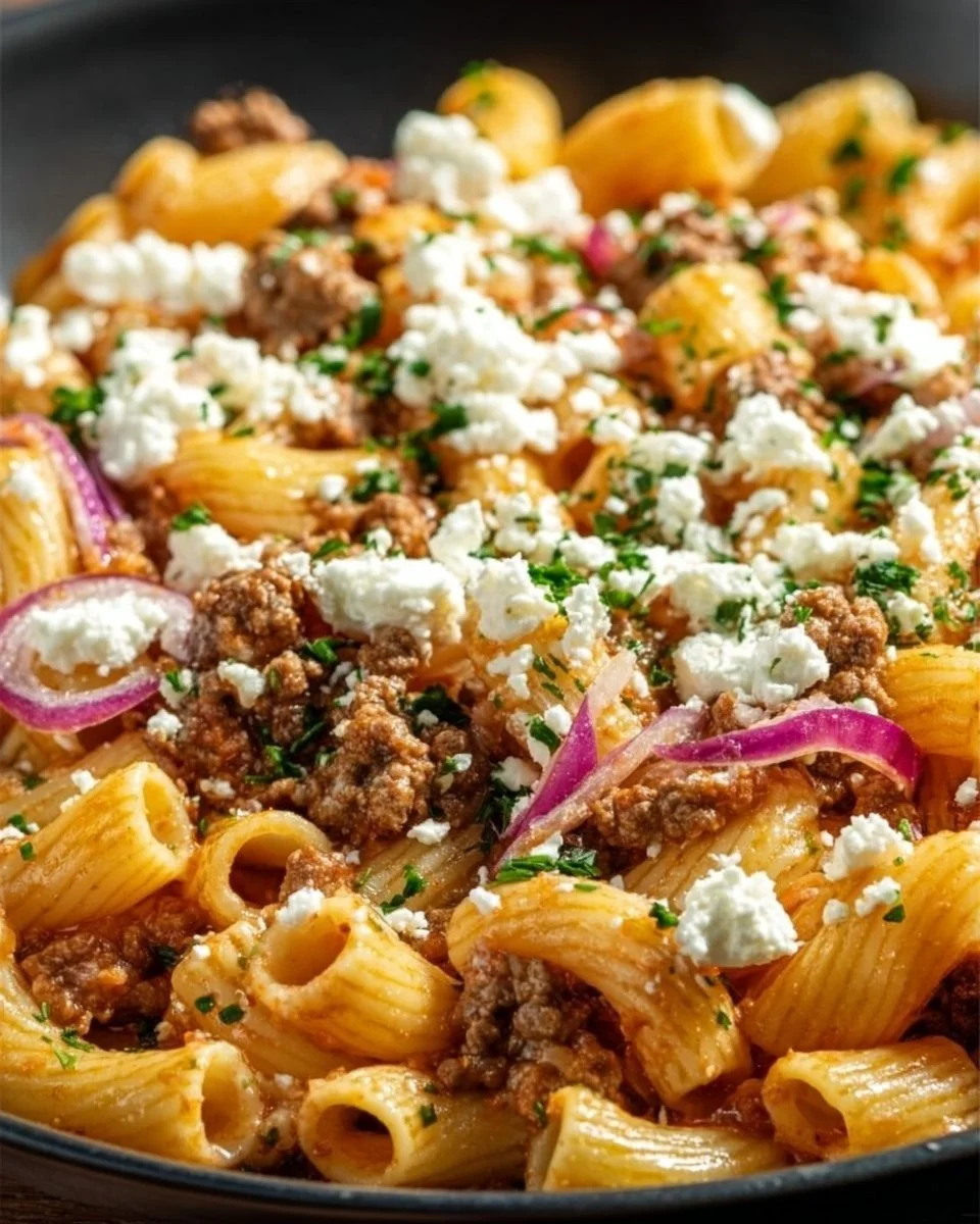Schnelle Nudel-Hackfleisch-Pfanne mit Feta