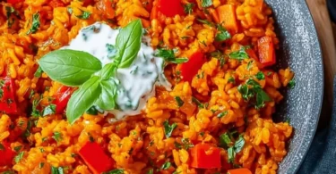 Schnelle Paprika-Reis-Pfanne mit Joghurtsoße auf einem Teller angerichtet