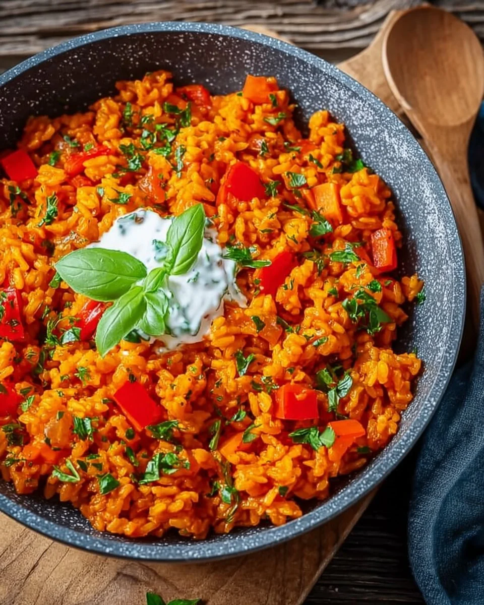 Schnelle Paprika-Reis-Pfanne mit Joghurtsoße auf einem Teller angerichtet