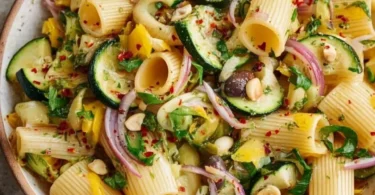 Sommerlicher Nudelsalat mit Zucchini und frischem Gemüse