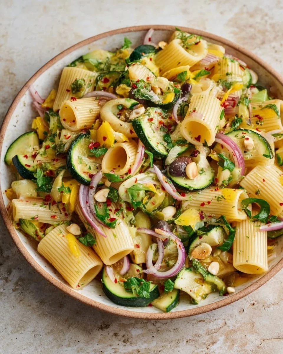 Sommerlicher Nudelsalat mit Zucchini und frischem Gemüse