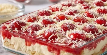 Spaghettieis-Blechkuchen, eine kreative Dessert-Variante mit Eis und Sahne.